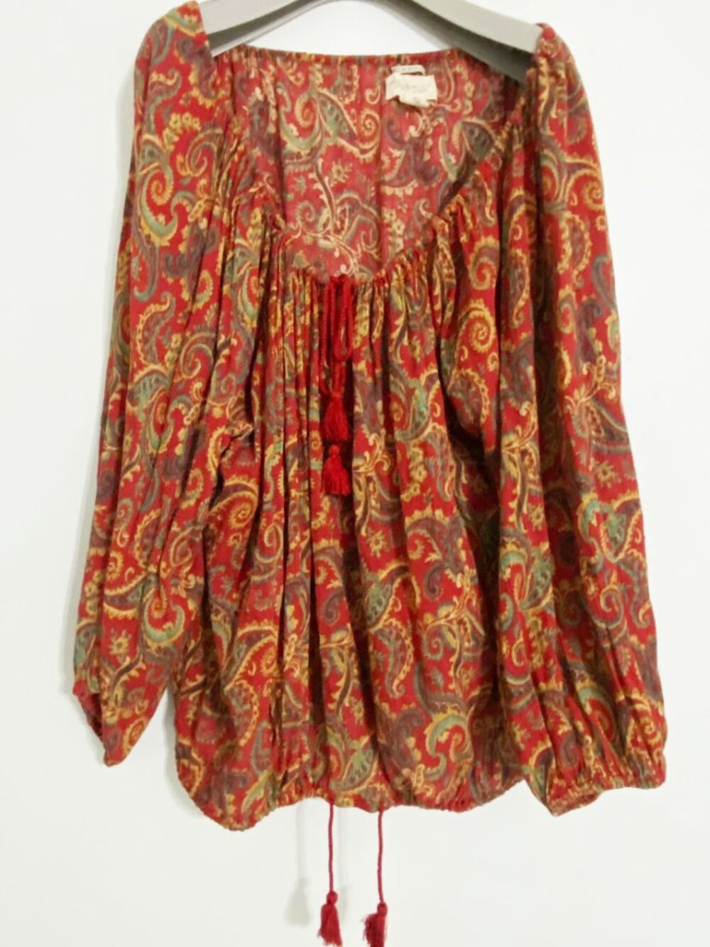 Ralph Lauren Denim & Supply Red Paisley Boho Tassel Tie Blouse Top - Picture 2 of 2